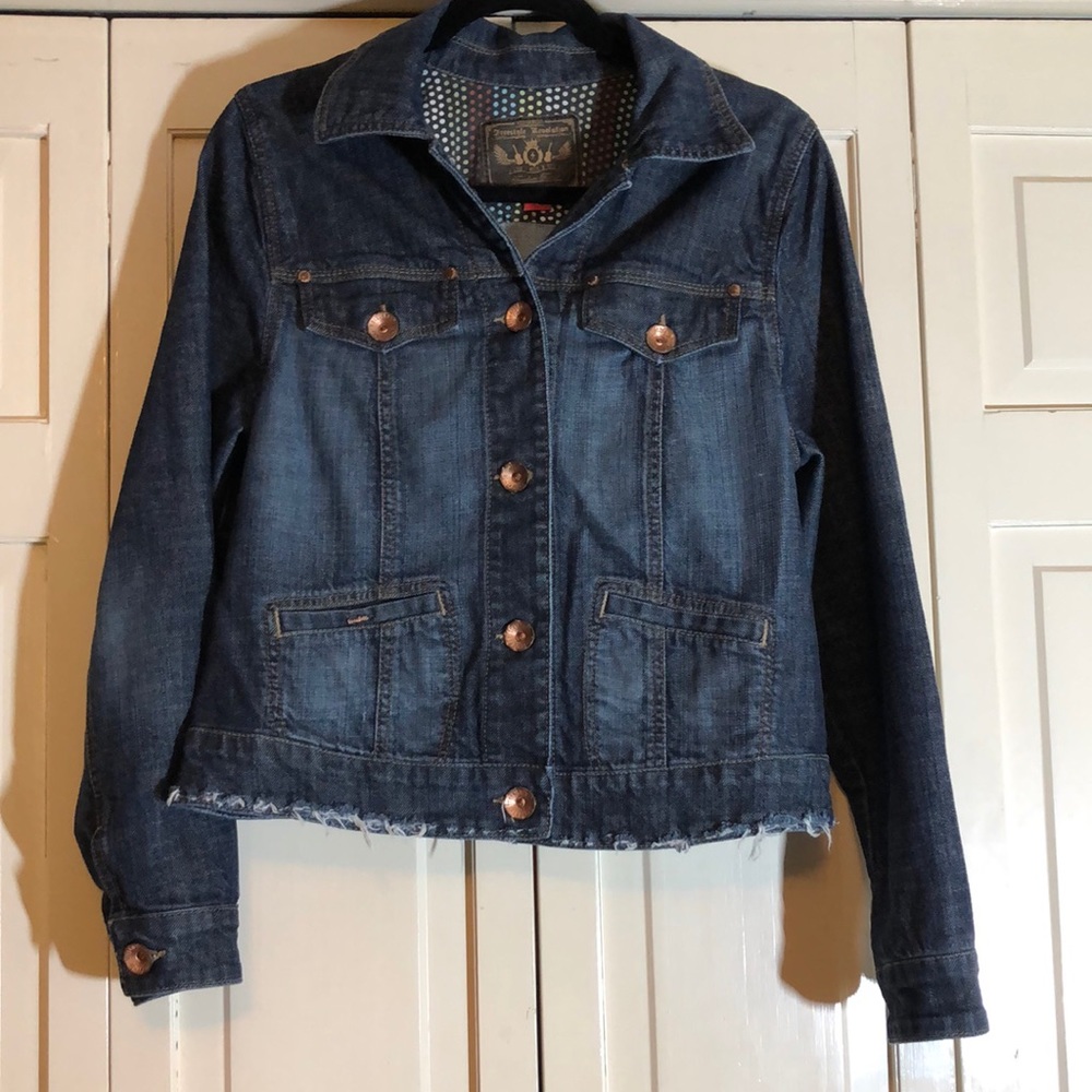 Distressed Freestyle Revolution BOHO Denim Jacket Elvis Dark Wash SZ 12 R1